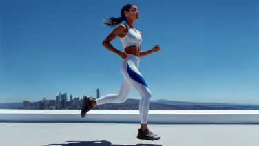 A woman in a white sports outfit and black Giesswein trainers is walking on a rooftop terrace with a panoramic view of the city and a blue sky in the background