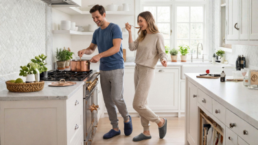 A couple in a bright country-style kitchen: the man, wearing a T-shirt and tracksuit bottoms, is cooking at the hob, whilst the woman, wearing a beige loungewear set, is dancing beside him – both are wearing blue wool felt slippers.