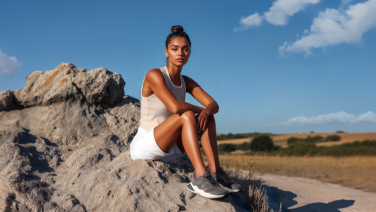 A woman is sitting on a rock in a summery landscape beneath a blue sky. She is wearing a white sports top, white shorts and grey Giesswein trainers.