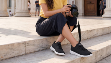 A woman in a yellow T-shirt and dark skirt is sitting on marble steps in front of a colonnaded building, holding a camera. She is wearing black Giesswein Wool trainers with white soles.