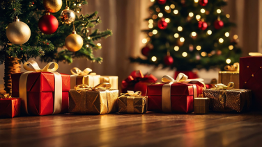 Christmas presents in various colours with golden bows in front of a decorated Christmas tree with lights in a warm room.