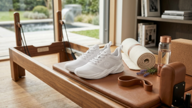 A pair of white Giesswein sport sneakers on a Pilates Reformer, next to a rolled-up yoga mat, a water bottle, a cork block and a leather strap.