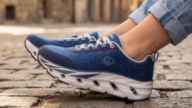 Close-up of a blue Giesswein Merino sneaker with a textured white sole on cobblestones.
