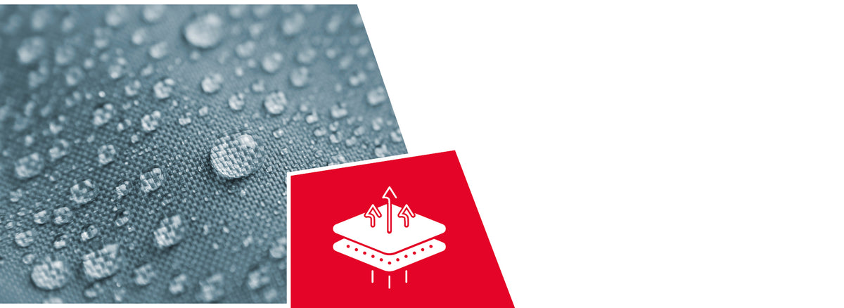 A close-up macro photograph of water droplets beading on a textured gray fabric surface, demonstrating water-resistant properties. In the lower right corner is a red square icon featuring a white diagram that shows moisture-wicking technology - arrows pointing upward from a layered material structure with dots below representing water droplets being repelled or absorbed.