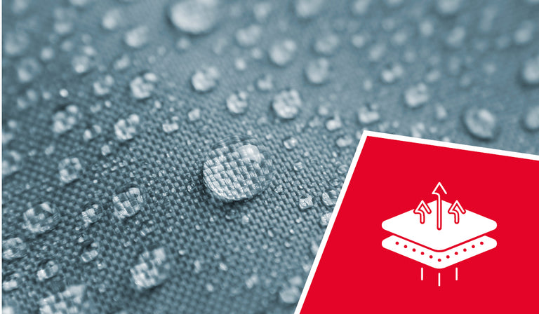 A close-up macro photograph of water droplets beading on a textured gray fabric surface, demonstrating water-resistant properties. In the lower right corner is a red square icon featuring a white diagram that shows moisture-wicking technology - arrows pointing upward from a layered material structure with dots below representing water droplets being repelled or absorbed.