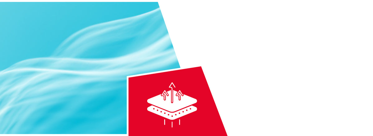 Bright blue sky with wispy white clouds. A red icon shows a moisture-wicking diagram with arrows and water droplets, indicating breathable fabric technology.