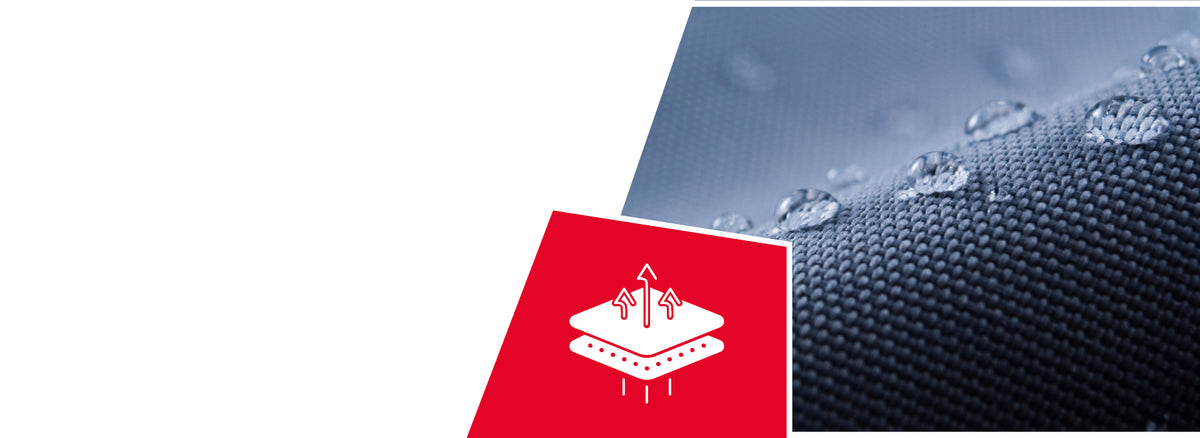 A close-up shot shows a gray, waterproof fabric covered in clear water droplets, which are beaded up on the surface. In the foreground, a red triangular overlay with a white icon is visible in the bottom left corner. The icon depicts two stacked layers with arrows pointing upwards and downwards between them, suggesting breathability and moisture transfer. Below the layers are dotted lines and three vertical bars, possibly indicating different levels or functions.