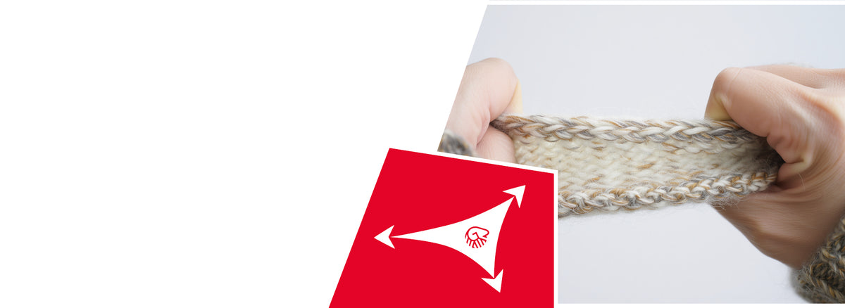 Hands stretching a knitted beige wool fabric, demonstrating its elasticity. A red icon shows arrows indicating stretch and flexibility properties.