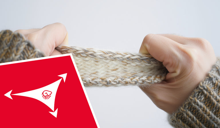 Hands stretching a knitted beige wool fabric, demonstrating its elasticity. A red icon shows arrows indicating stretch and flexibility properties.