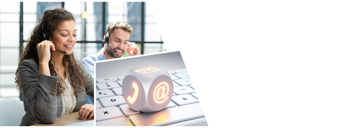 A split-screen image showing two customer service concepts. On the left, a smiling woman with curly hair wearing a gray blazer speaks into a headset microphone in a modern office setting, with a blurred male colleague also wearing a headset in the background. On the right, a close-up view of a computer keyboard with illuminated cube-shaped icons displaying contact symbols - a phone and email (@) symbol - floating above the keys, representing digital communication options.