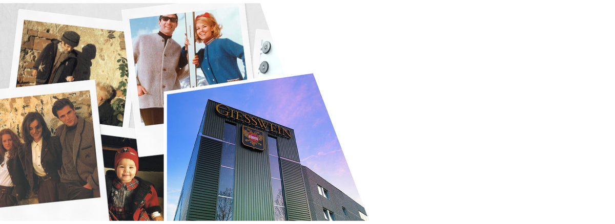 A collage of vintage family and fashion photographs is displayed alongside a modern photo of the Giesswein company building. The vintage images include people in traditional or retro clothing, a smiling baby in a plaid outfit, and a couple with ski poles in front of a snowy mountain. The modern building features a sleek dark facade with large windows and a crest below the golden "GIESSWEIN" logo, set against a purple-blue sky.