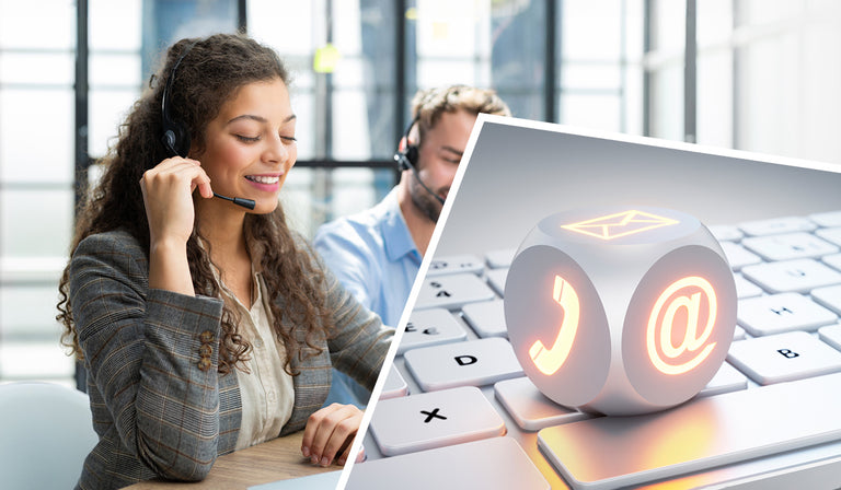 A split-screen image showing two customer service concepts. On the left, a smiling woman with curly hair wearing a gray blazer speaks into a headset microphone in a modern office setting, with a blurred male colleague also wearing a headset in the background. On the right, a close-up view of a computer keyboard with illuminated cube-shaped icons displaying contact symbols - a phone and email (@) symbol - floating above the keys, representing digital communication options.