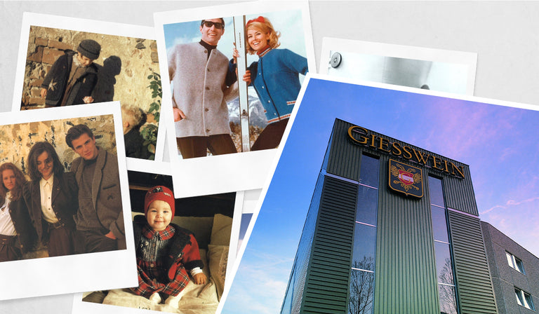 A collage of vintage family and fashion photographs is displayed alongside a modern photo of the Giesswein company building. The vintage images include people in traditional or retro clothing, a smiling baby in a plaid outfit, and a couple with ski poles in front of a snowy mountain. The modern building features a sleek dark facade with large windows and a crest below the golden "GIESSWEIN" logo, set against a purple-blue sky.