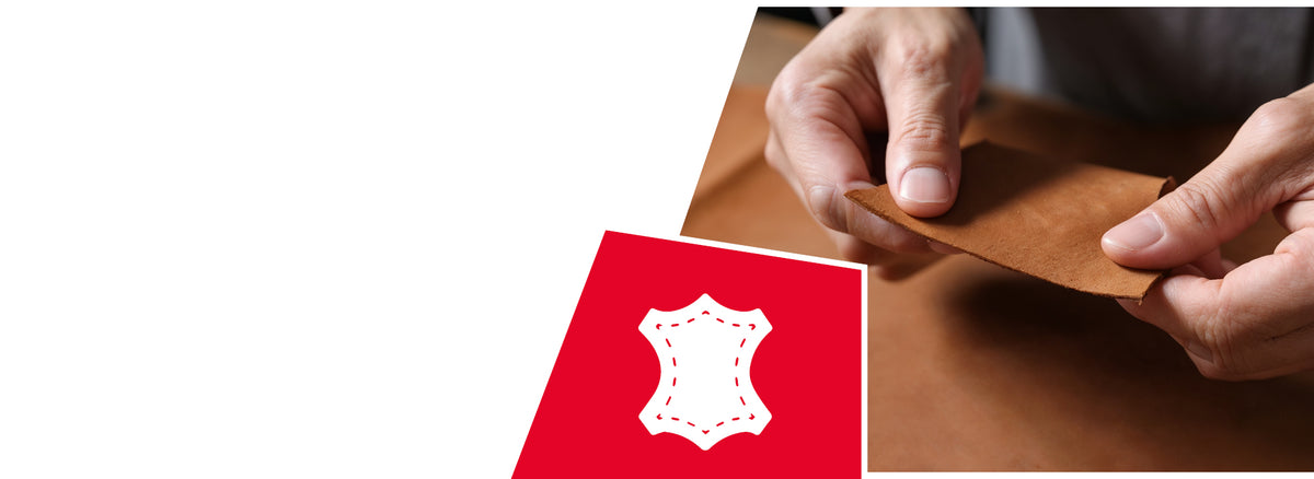Hands holding a piece of brown leather material. A red icon displays a white leather hide symbol, indicating genuine leather craftsmanship.