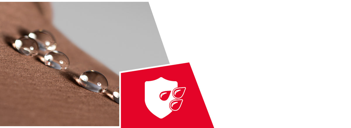 Water droplets beading on brown fabric surface, demonstrating water resistance. A red icon shows a white shield with water droplets, indicating waterproof protection.