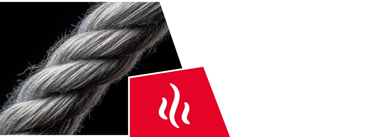Close-up of twisted gray and white natural fiber strands against a black background. A red icon shows white curved lines indicating odor control or freshness properties.