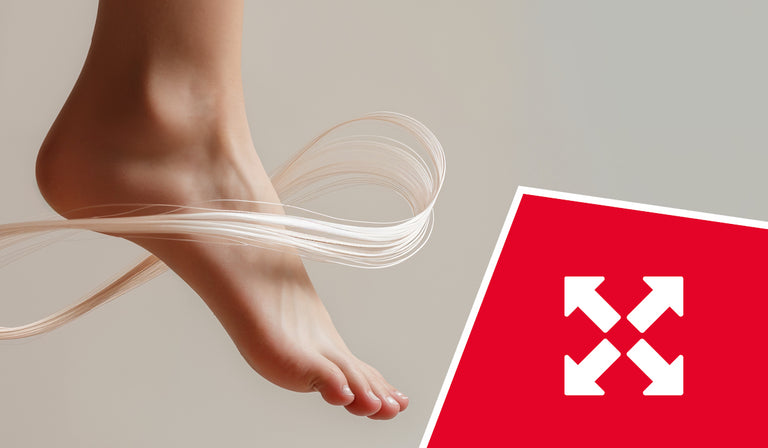 A person's foot with flowing, curved lines suggesting movement and flexibility around it. A red icon shows four white arrows pointing outward, indicating multi-directional stretch or flexibility.