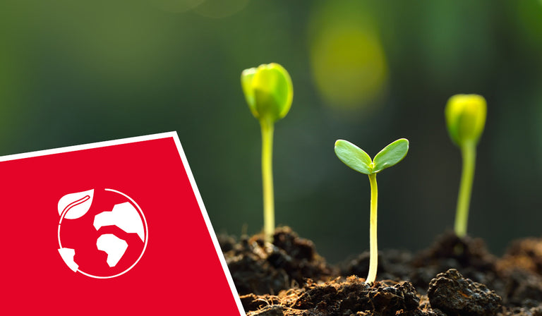Small green seedlings sprouting from dark soil with blurred plants in the background. A red icon shows a white globe with a leaf, indicating environmental sustainability or eco-friendly properties.