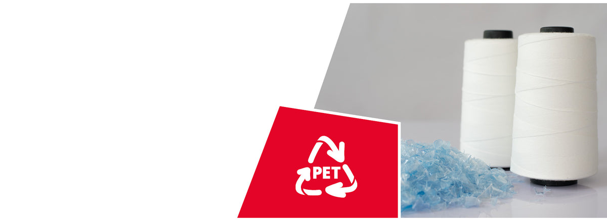 Two large spools of white thread or yarn with blue plastic bottles visible at their base. A red icon displays the PET recycling symbol, indicating recycled plastic materials used in production.