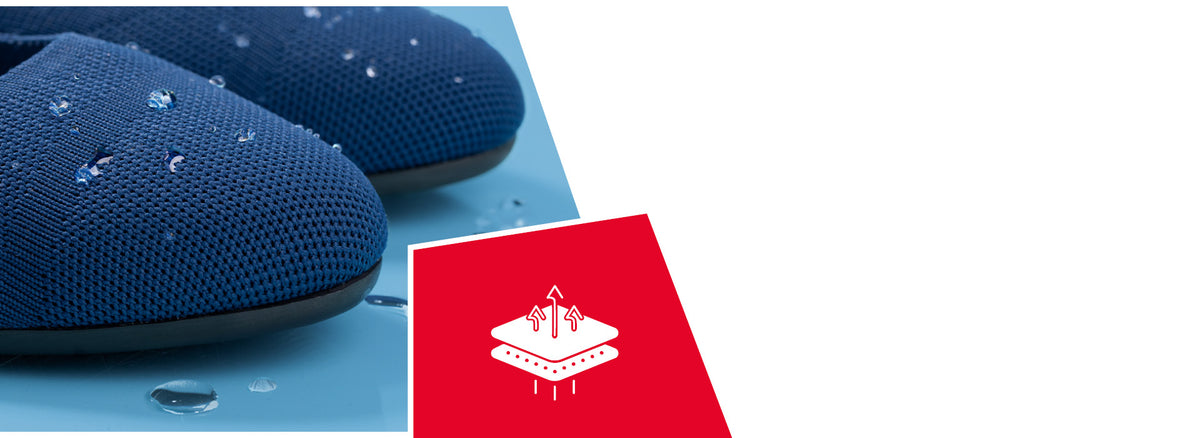 Navy blue knitted shoes with water droplets beading on the surface, demonstrating water-resistant properties. A red icon shows moisture-wicking technology with arrows and water droplets.