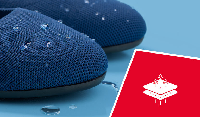 Navy blue knitted shoes with water droplets beading on the surface, demonstrating water-resistant properties. A red icon shows moisture-wicking technology with arrows and water droplets.