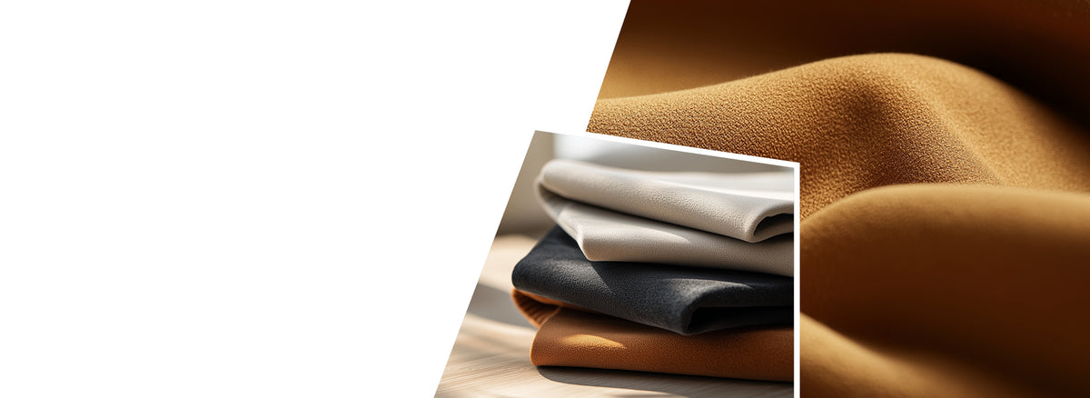 A split image showing flowing golden brown leather on the left and a stack of folded leather in neutral colours (white, beige, anthracite, brown) on the right to demonstrate the fabric quality and the end products.