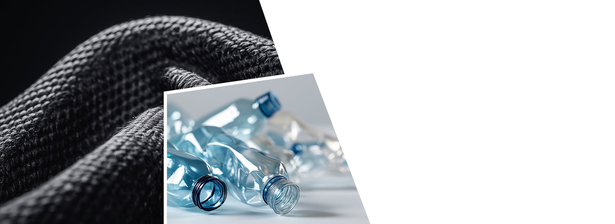 A split image showing clear plastic bottles on the left and dark textured yarn or thread on the right, demonstrating the transformation of recycled plastic bottles into sustainable textile materials.