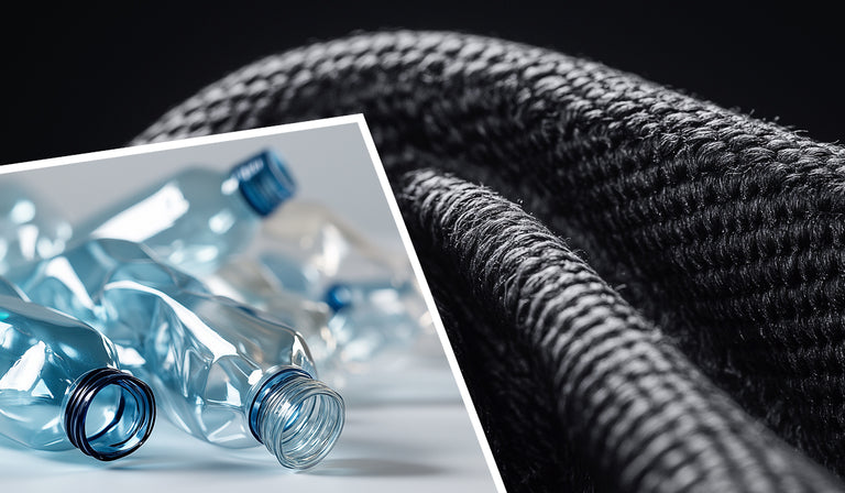 A split image showing clear plastic bottles on the left and dark textured yarn or thread on the right, demonstrating the transformation of recycled plastic bottles into sustainable textile materials.